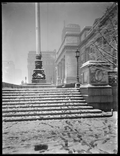 Night View of the Entrance of the Main Branch of the New York Public Library from the Northeast Steps, in the Snow, 42nd Street and Fifth Avenue, New York City, March 6, 1915 by William Davis Hassler